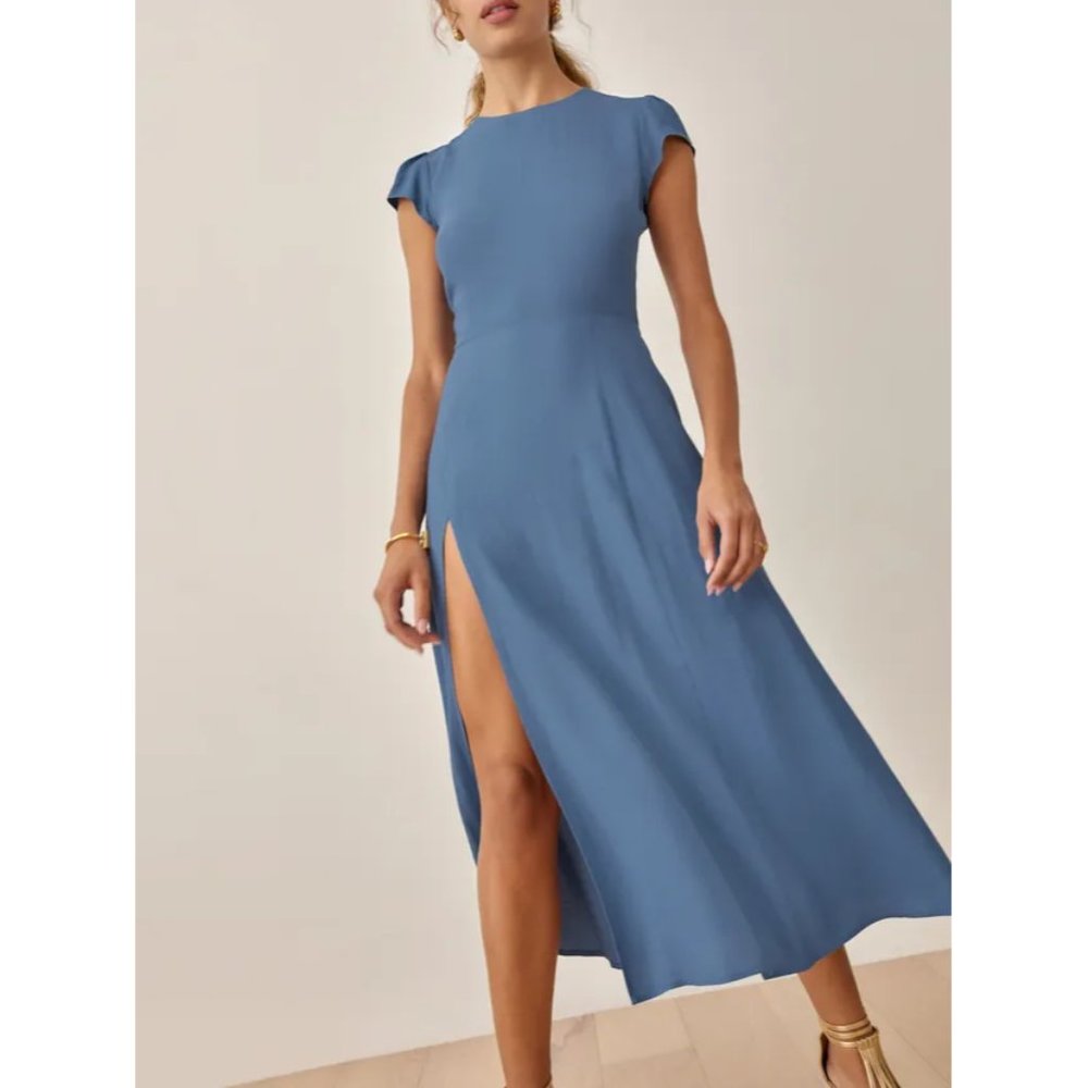 NWOT Reformation Gavin Dress in Morning Glory Dusk Blue Midi Cap Sleeves